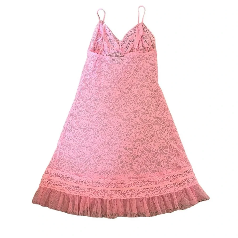 Vintage y2k Victoria’s Secret dollcore pink sheer lace slip dress Teddy ruffle - Picture 4 of 10